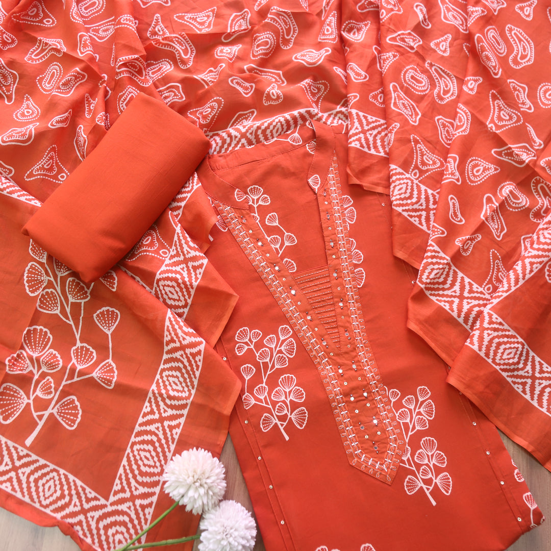 Rivaish Rust Orange Zari Neck Work with Patra Floral Printed Cotton Suit Set