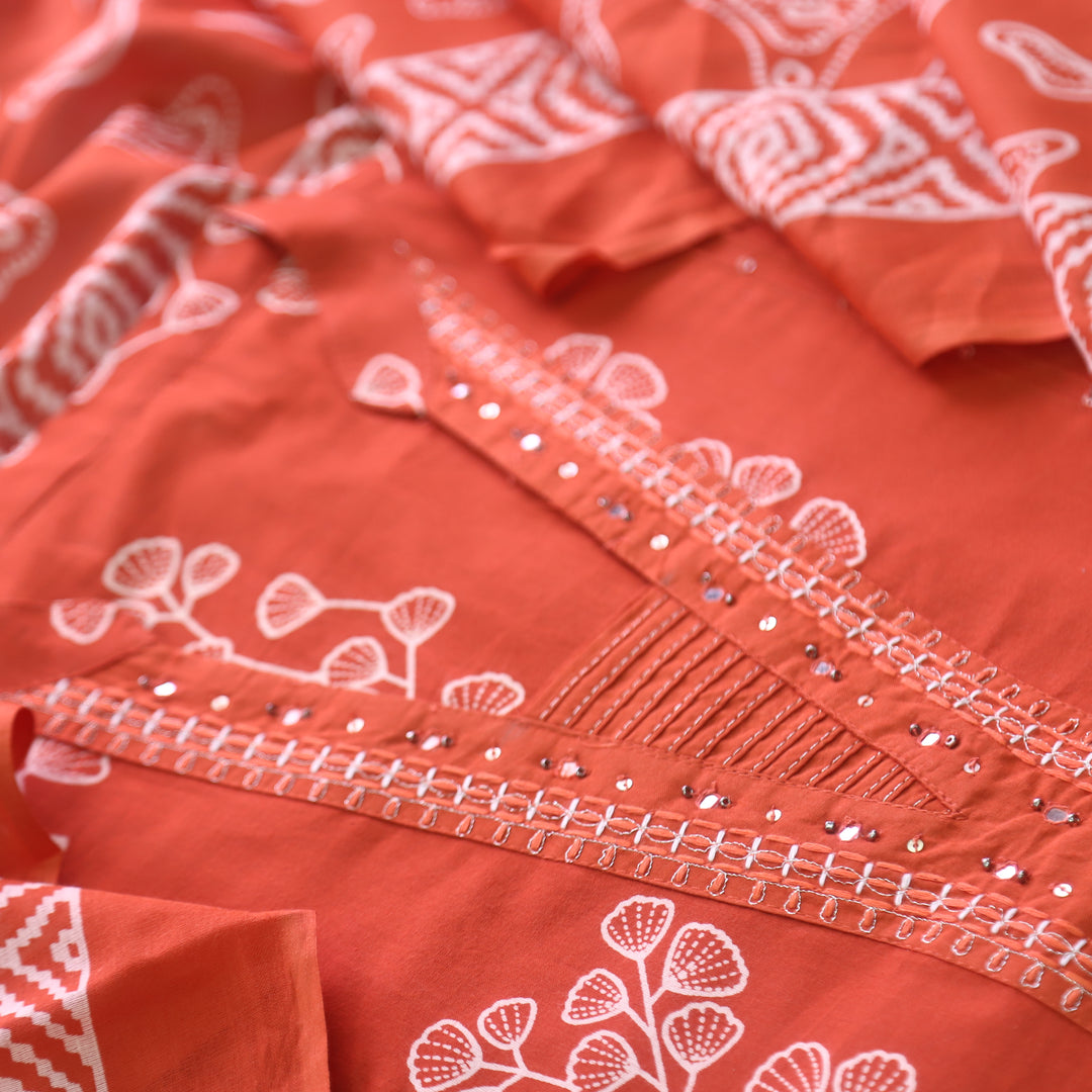Rivaish Rust Orange Zari Neck Work with Patra Floral Printed Cotton Suit Set
