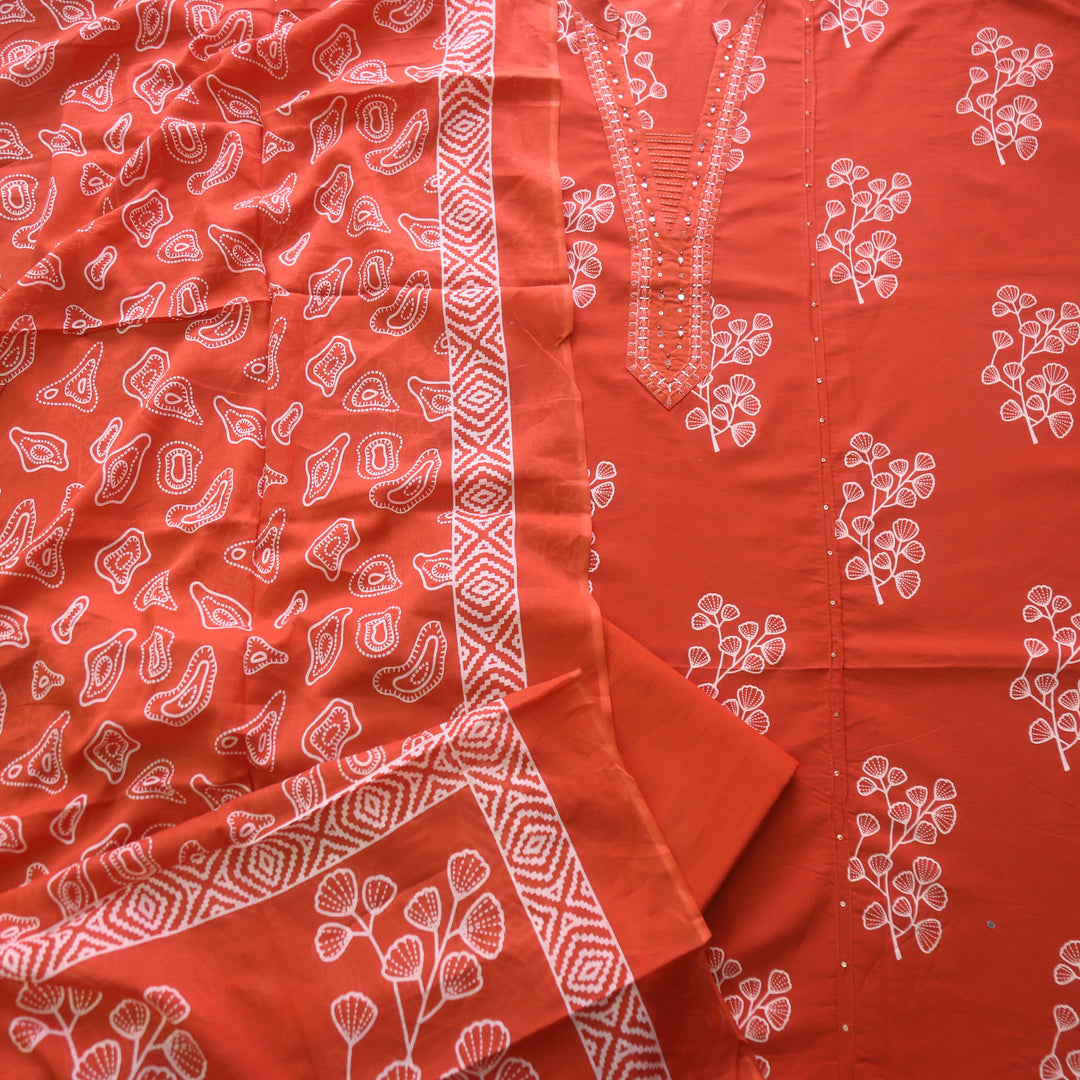 Rivaish Rust Orange Zari Neck Work with Patra Floral Printed Cotton Suit Set