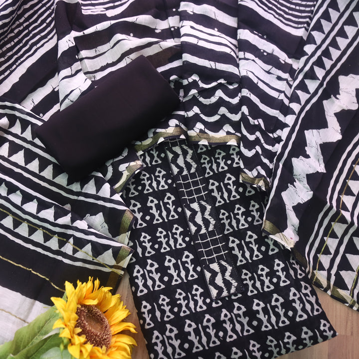 Dua Night Black Digital Printed with Patch Neck Chanderi Suit Set D2