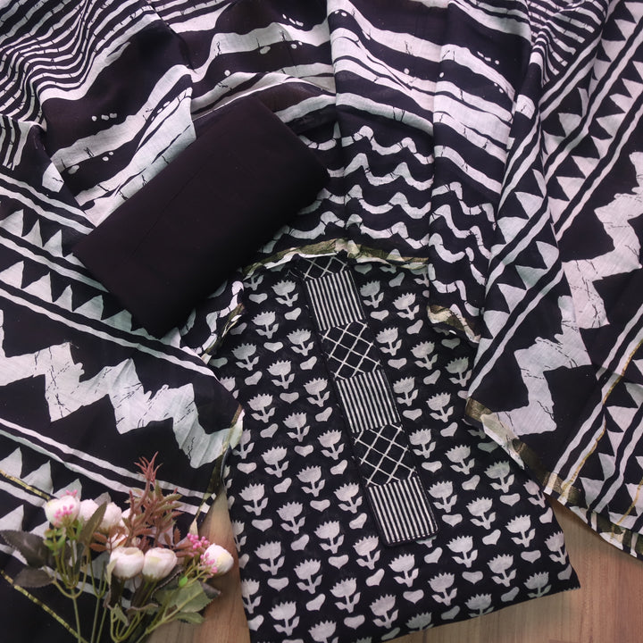 Dua Night Black Lotus Digital Printed with Patch Neck Chanderi Suit Set D3