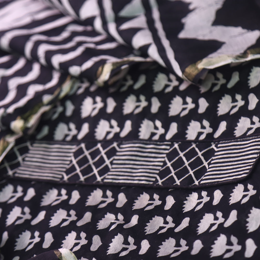 Dua Night Black Lotus Digital Printed with Patch Neck Chanderi Suit Set D3