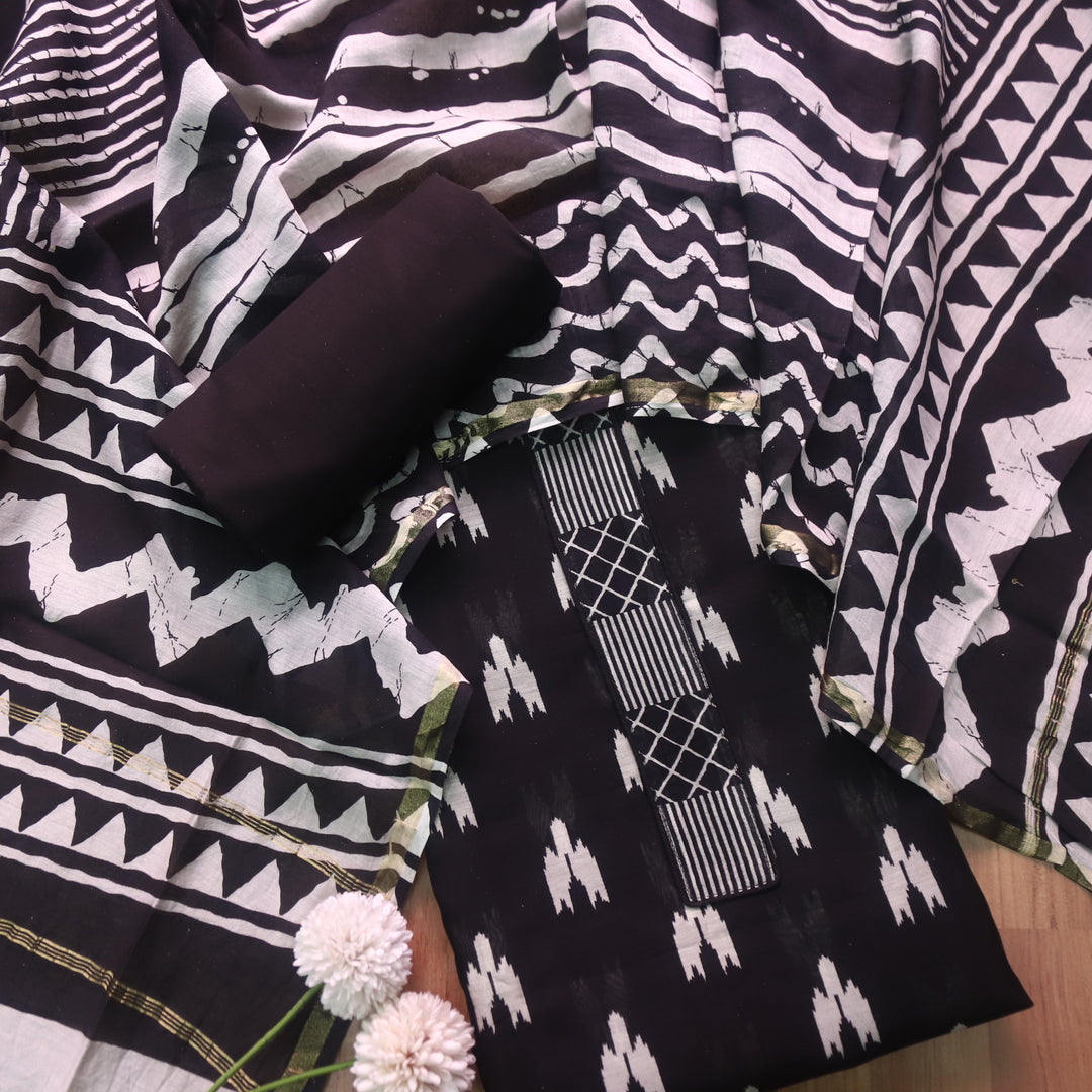 Dua Night Black Ikkat Digital Printed with Patch Neck Chanderi Suit Set D4