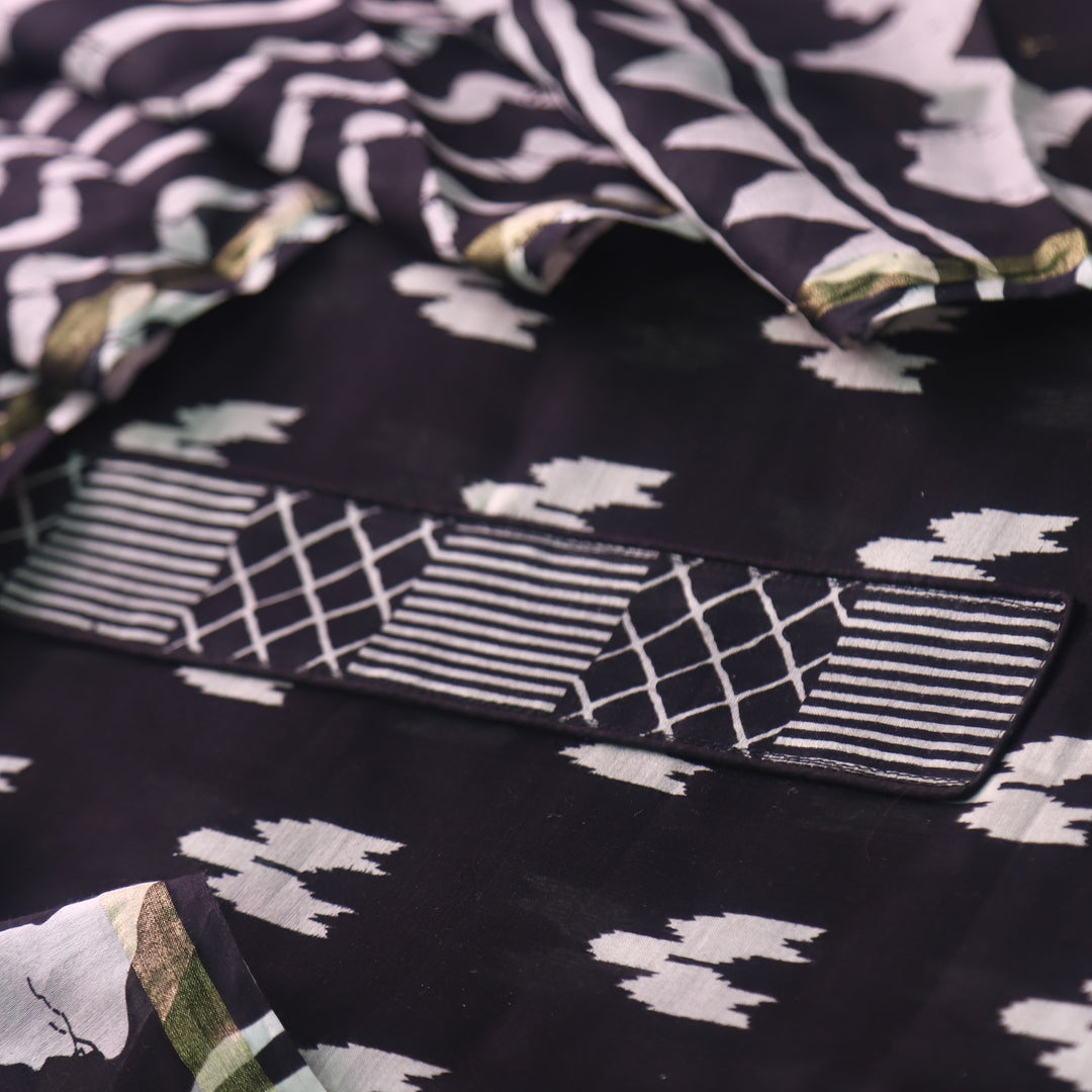 Dua Night Black Ikkat Digital Printed with Patch Neck Chanderi Suit Set D4