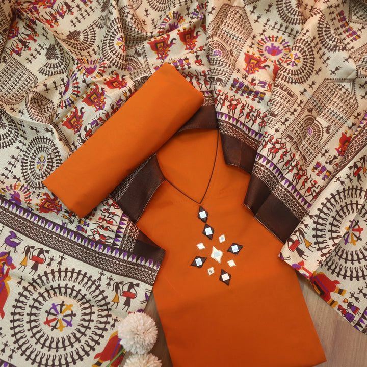 Rukshat Burnt Orange Thread with Mirror Neck Work Cambric Cotton Set