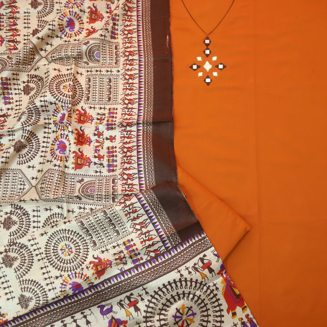 Rukshat Burnt Orange Thread with Mirror Neck Work Cambric Cotton Set