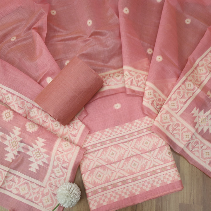 Faasla Rouge Pink Authentic Jamdani Weaved Hem Chanderi Suit Set