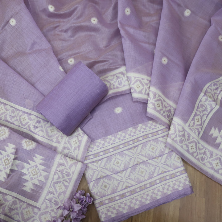 Faasla Orchid Lavender Authentic Jamdani Weaved Hem Chanderi Suit Set