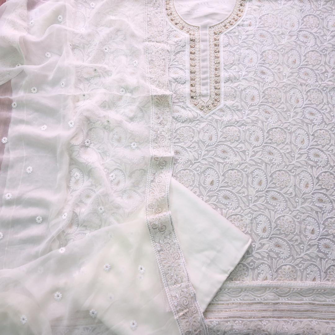 Nushrat Cream White All Over Chikankari Thread with Moti Work Chiffon Suit Set