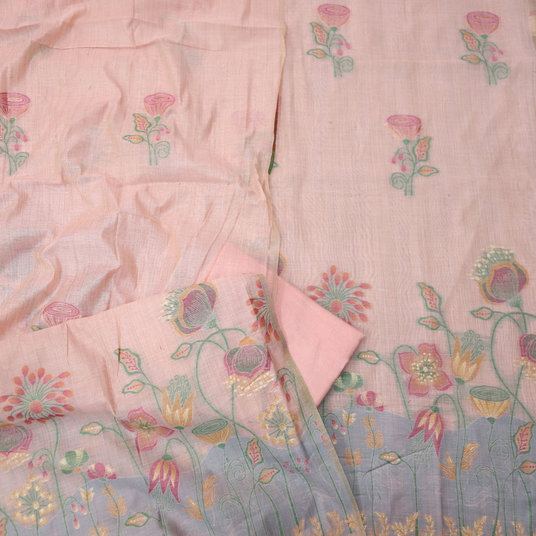 Zinat Powder Peach in Zari with Floral Authentic Jamdani Weaved Suit Set