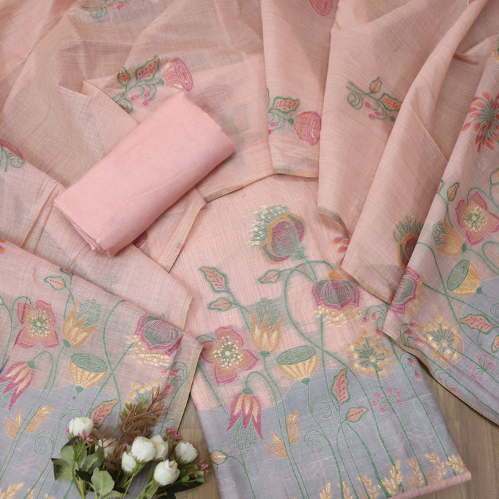 Zinat Powder Peach in Zari with Floral Authentic Jamdani Weaved Suit Set