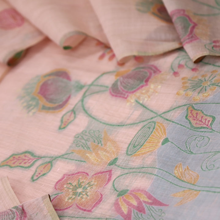 Zinat Powder Peach in Zari with Floral Authentic Jamdani Weaved Suit Set