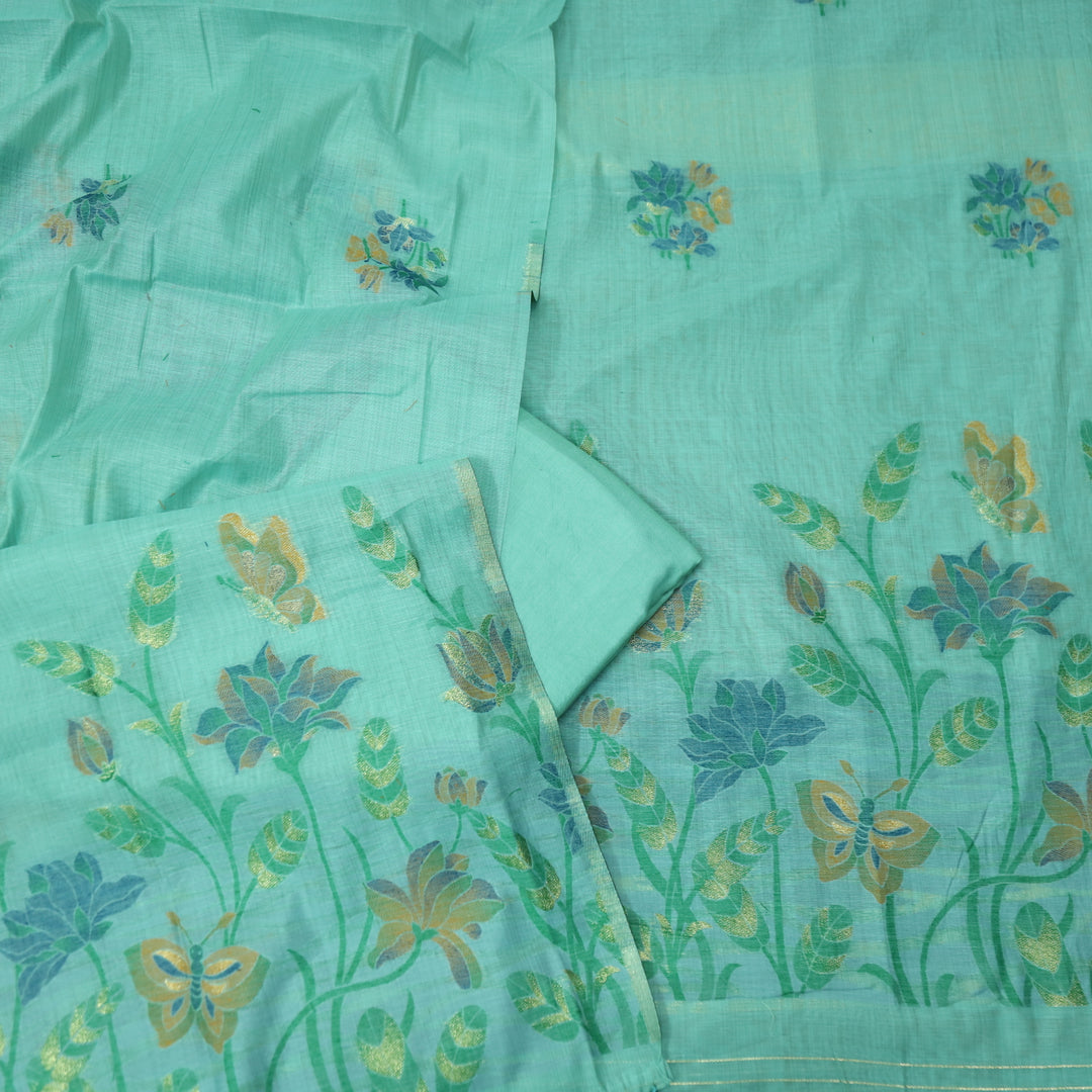 Zinat Salt Water Teal in Zari with Floral Authentic Jamdani Weaved Suit Set