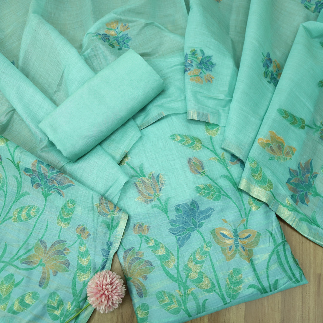 Zinat Salt Water Teal in Zari with Floral Authentic Jamdani Weaved Suit Set