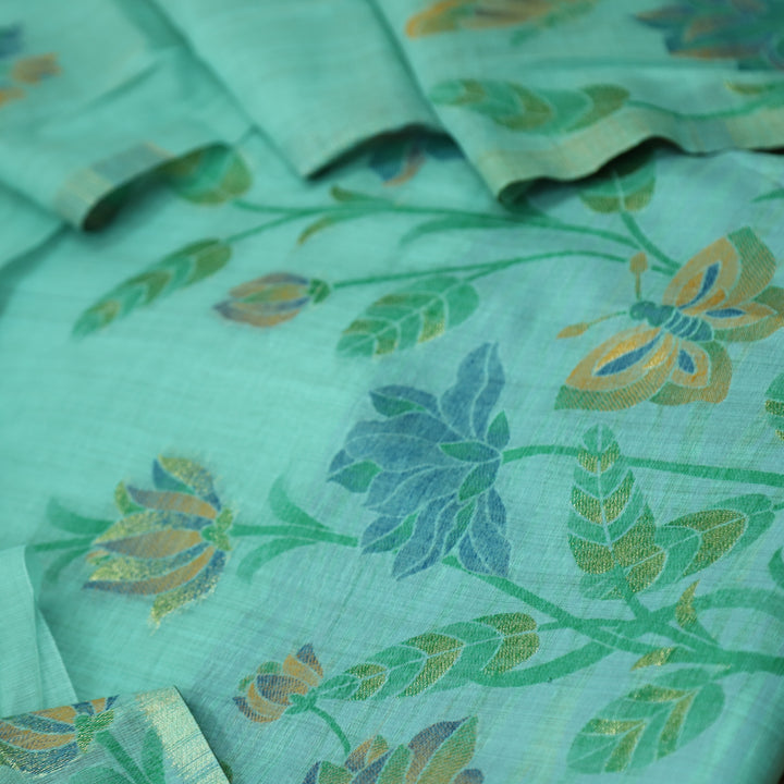 Zinat Salt Water Teal in Zari with Floral Authentic Jamdani Weaved Suit Set