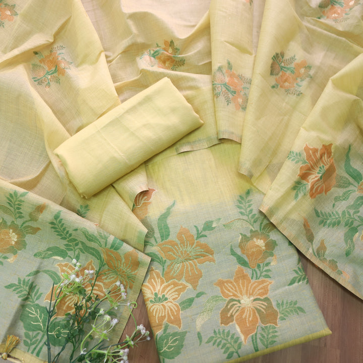 Zinat Lemon Yellow in Zari with Floral Authentic Jamdani Weaved Suit Set