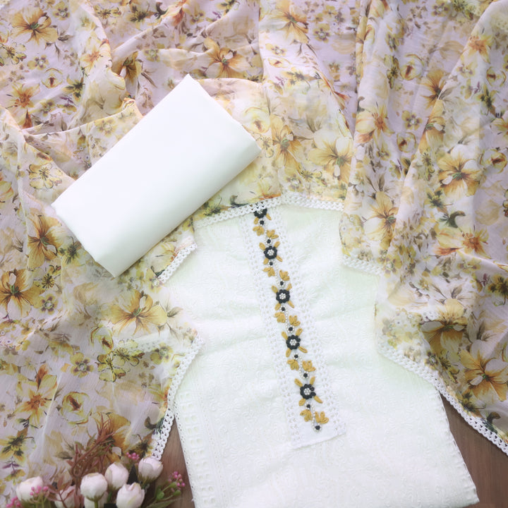 Haseen White with Yellow Thread and All Over Embroidered Cotton Suit Set