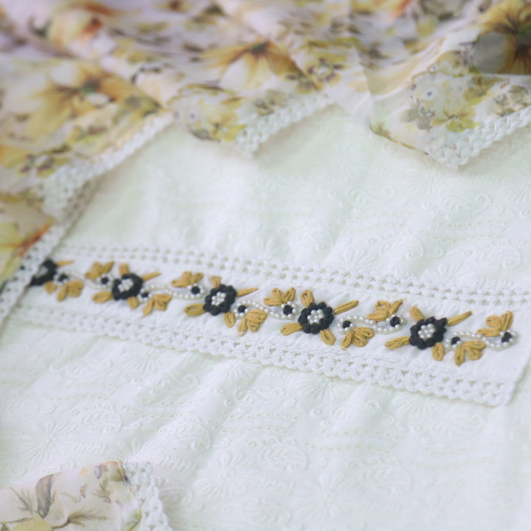 Haseen White with Yellow Thread and All Over Embroidered Cotton Suit Set