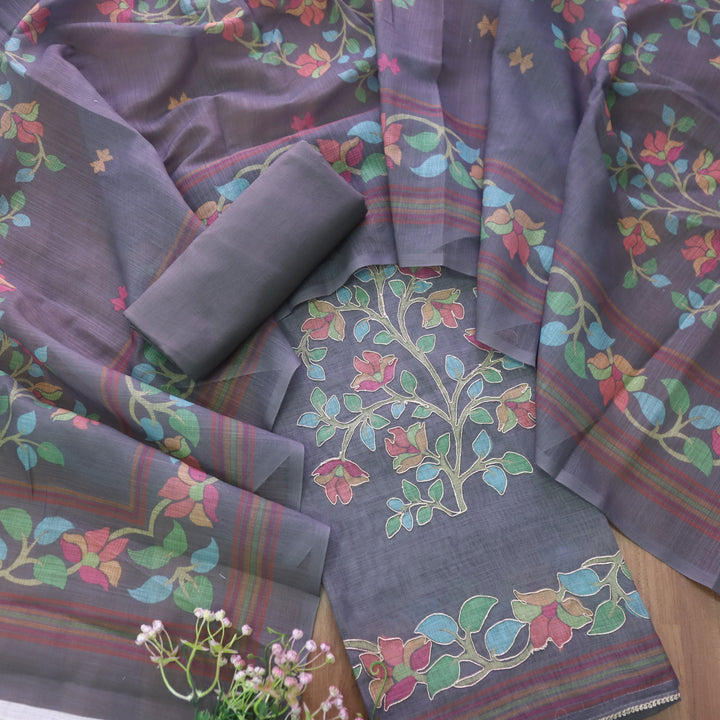 Kranti Charcoal Grey Floral Printed with Zari Work Cotton Linen Set