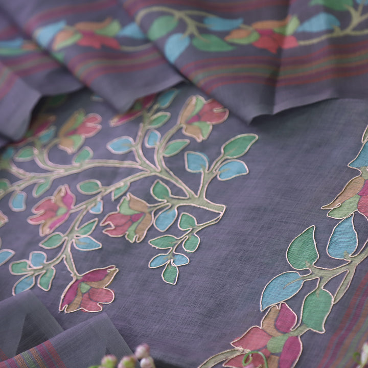 Kranti Charcoal Grey Floral Printed with Zari Work Cotton Linen Set