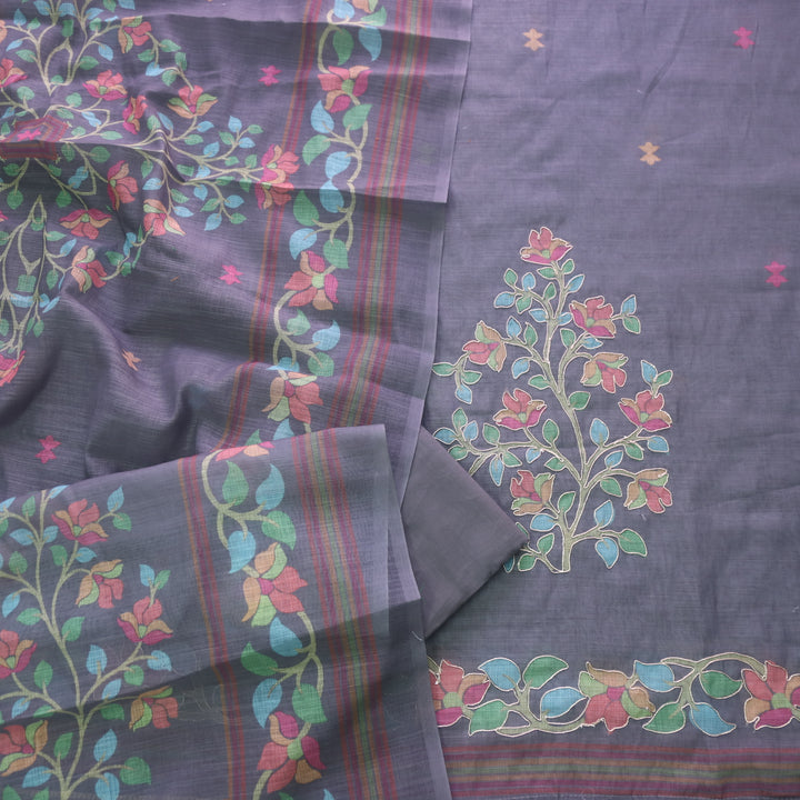 Kranti Charcoal Grey Floral Printed with Zari Work Cotton Linen Set