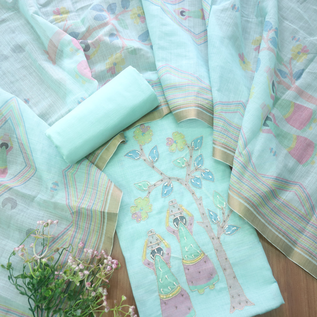 Noor Sea Blue Digital Print with French Knot and Zari Work Cotton Linen Set