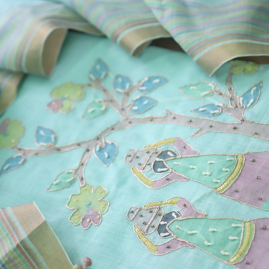 Noor Sea Blue Digital Print with French Knot and Zari Work Cotton Linen Set