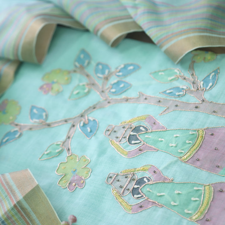 Noor Sea Blue Digital Print with French Knot and Zari Work Cotton Linen Set