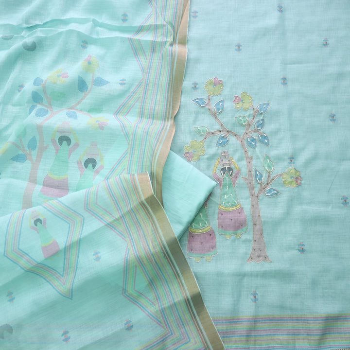 Noor Sea Blue Digital Print with French Knot and Zari Work Cotton Linen Set