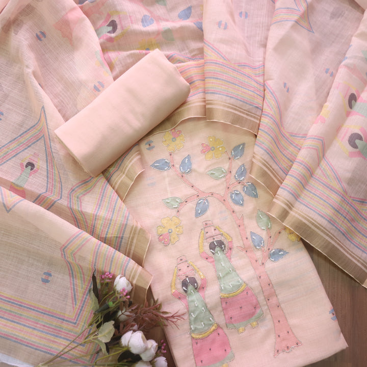 Noor Soft Peach Digital Print with French Knot and Zari Work Cotton Linen Set