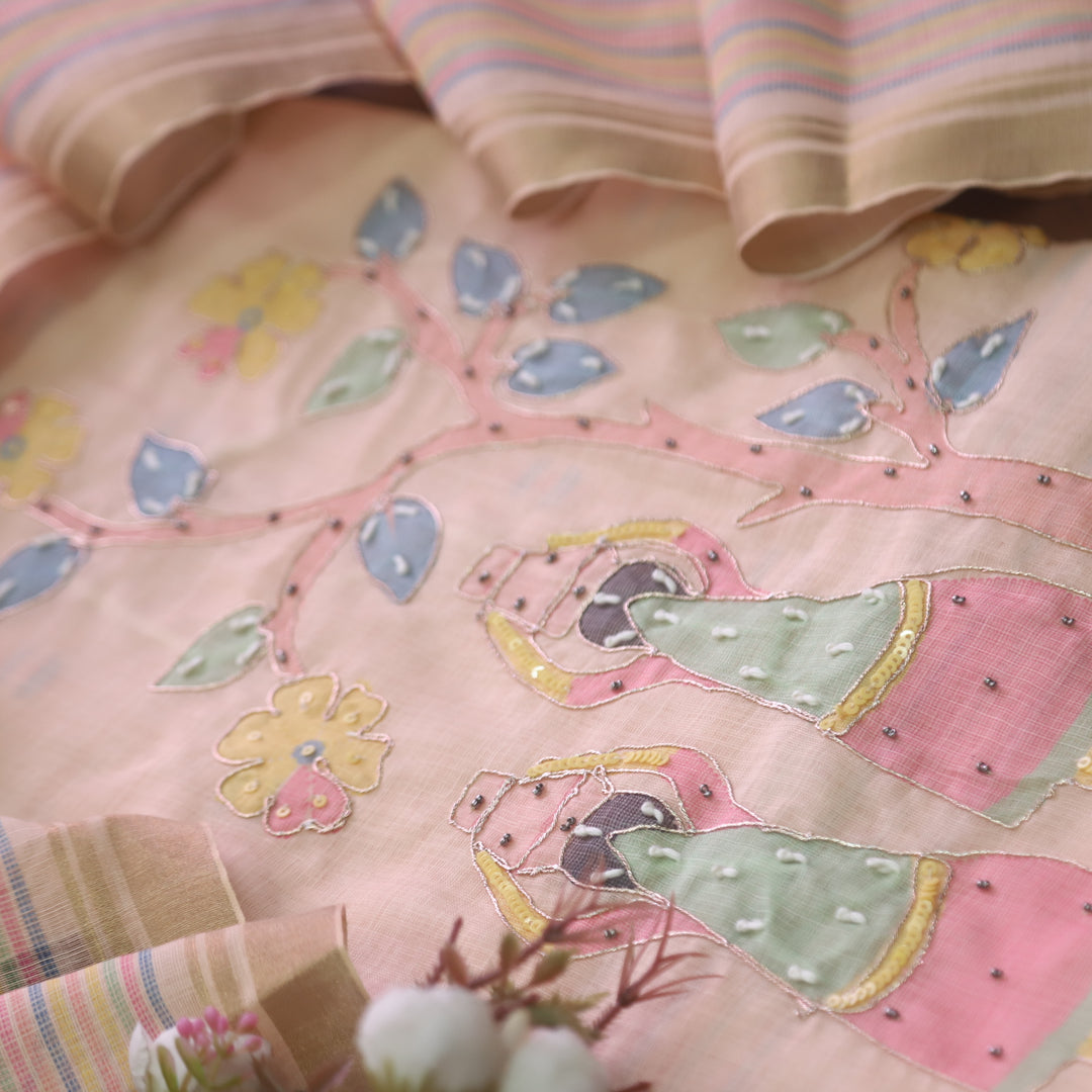 Noor Soft Peach Digital Print with French Knot and Zari Work Cotton Linen Set