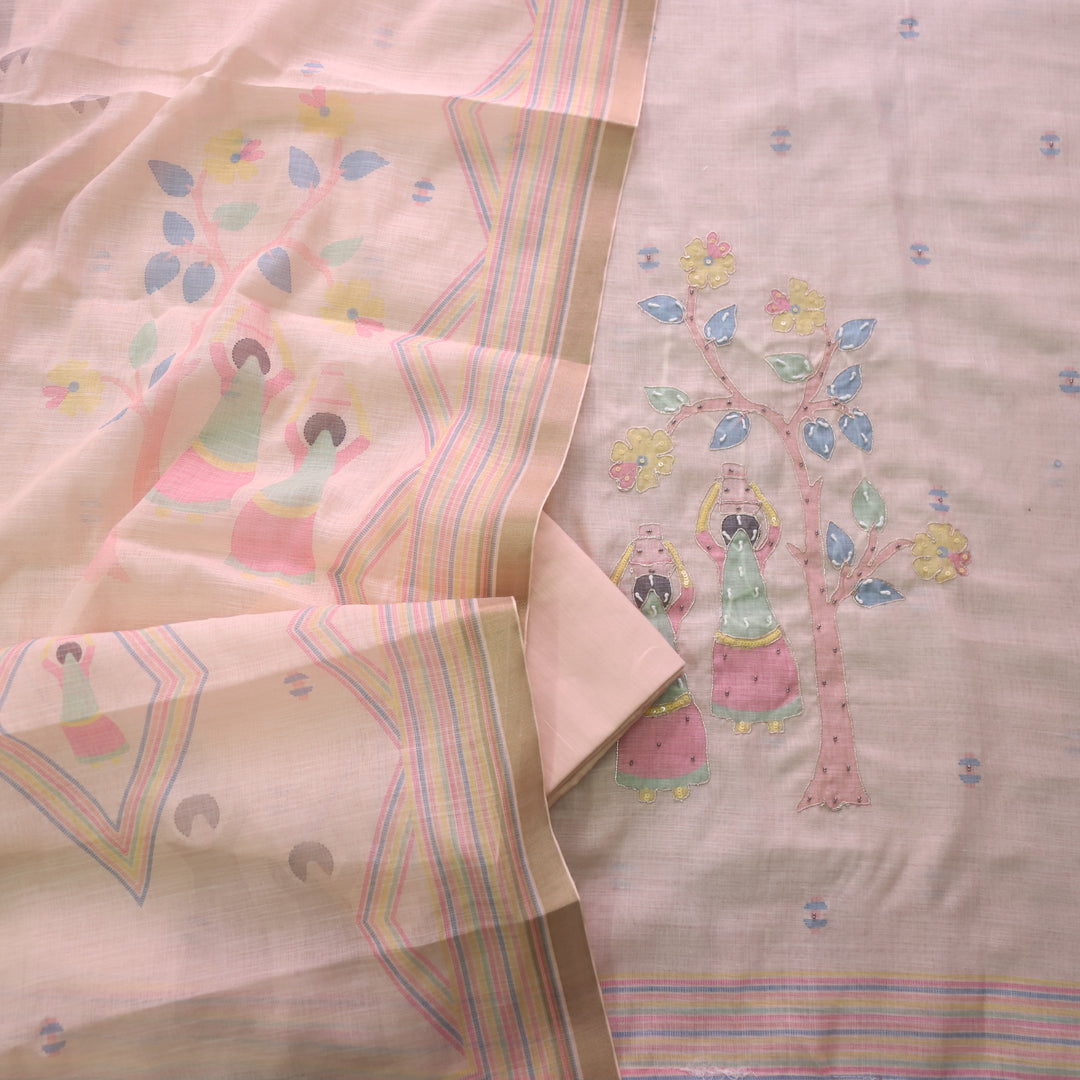 Noor Soft Peach Digital Print with French Knot and Zari Work Cotton Linen Set