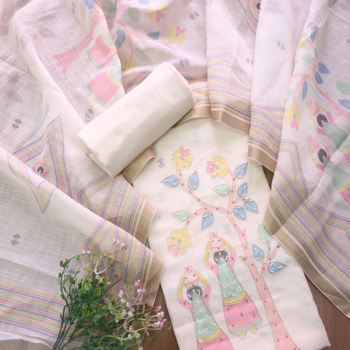 Noor Cream White Digital Print with French Knot and Zari Work Cotton Linen Set