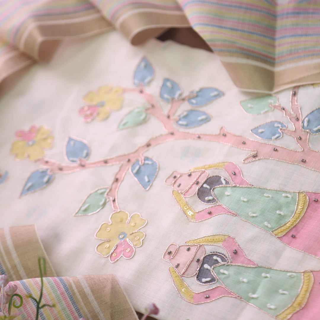Noor Cream White Digital Print with French Knot and Zari Work Cotton Linen Set