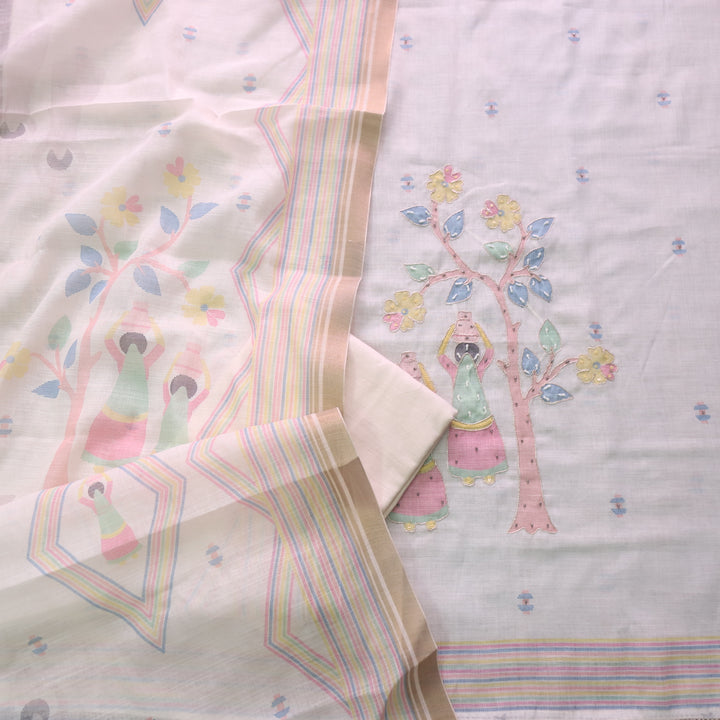 Noor Cream White Digital Print with French Knot and Zari Work Cotton Linen Set
