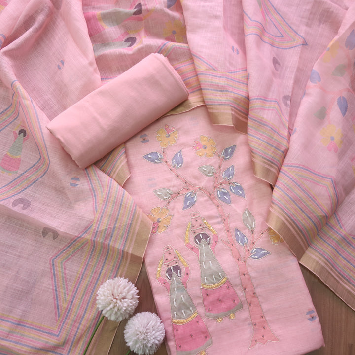 Noor Pastel Pink Digital Print with French Knot and Zari Work Cotton Linen Set