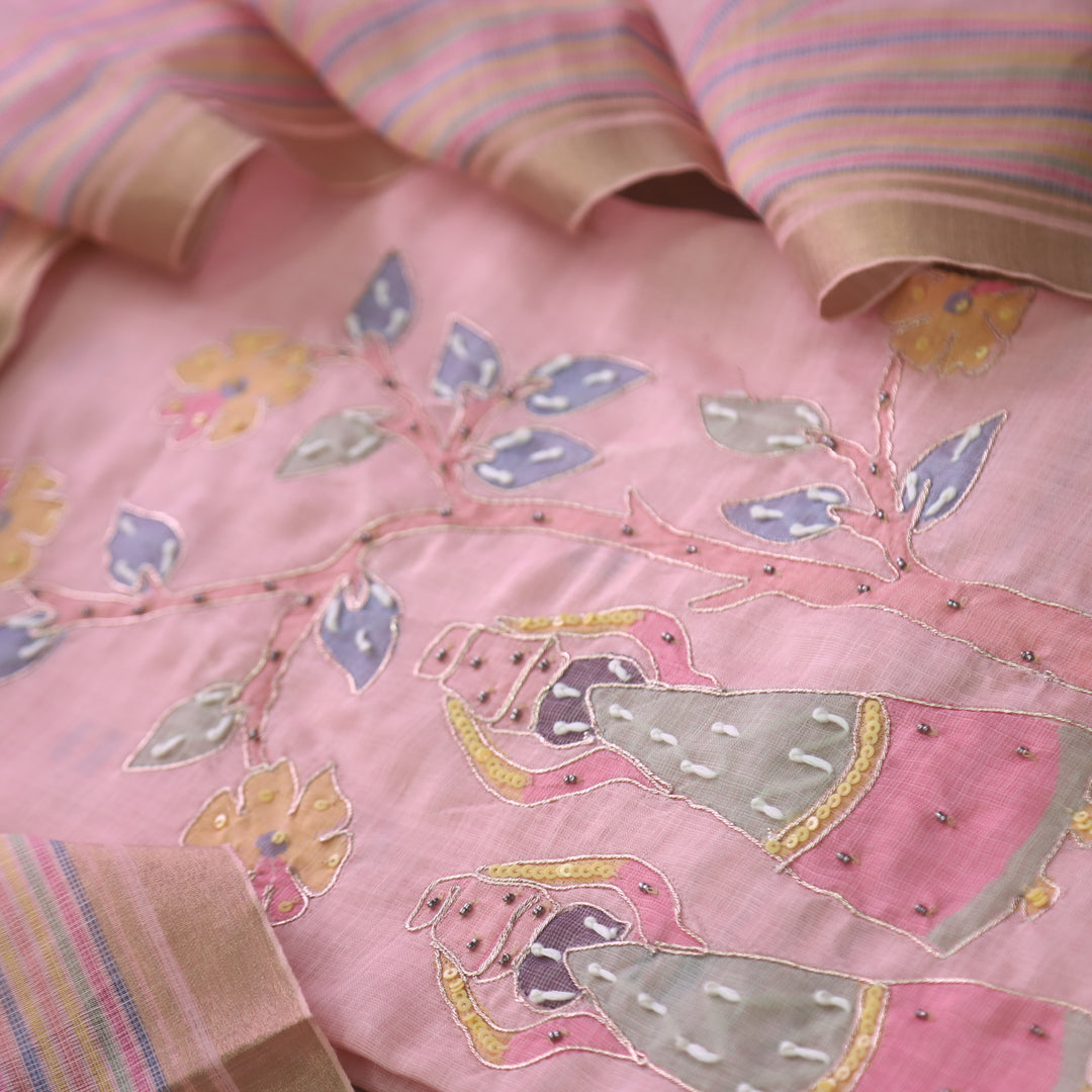 Noor Pastel Pink Digital Print with French Knot and Zari Work Cotton Linen Set