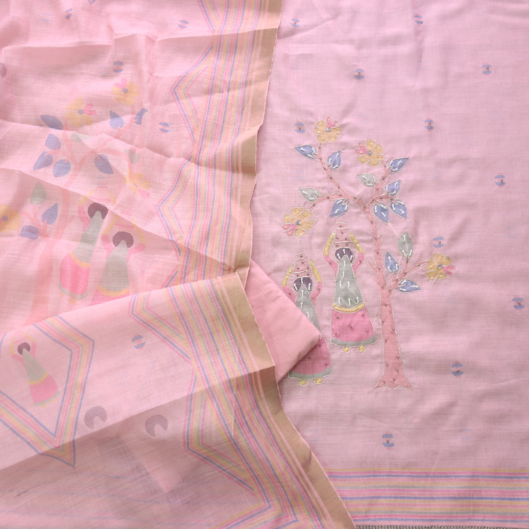 Noor Pastel Pink Digital Print with French Knot and Zari Work Cotton Linen Set