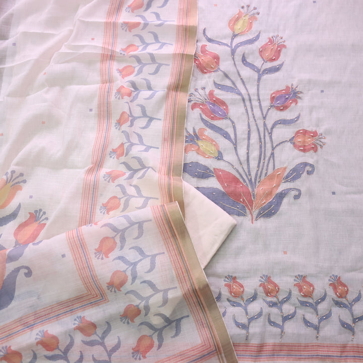 Kaasvi Cream White Floral Print with French Knot and Zari Work Cotton Linen Set