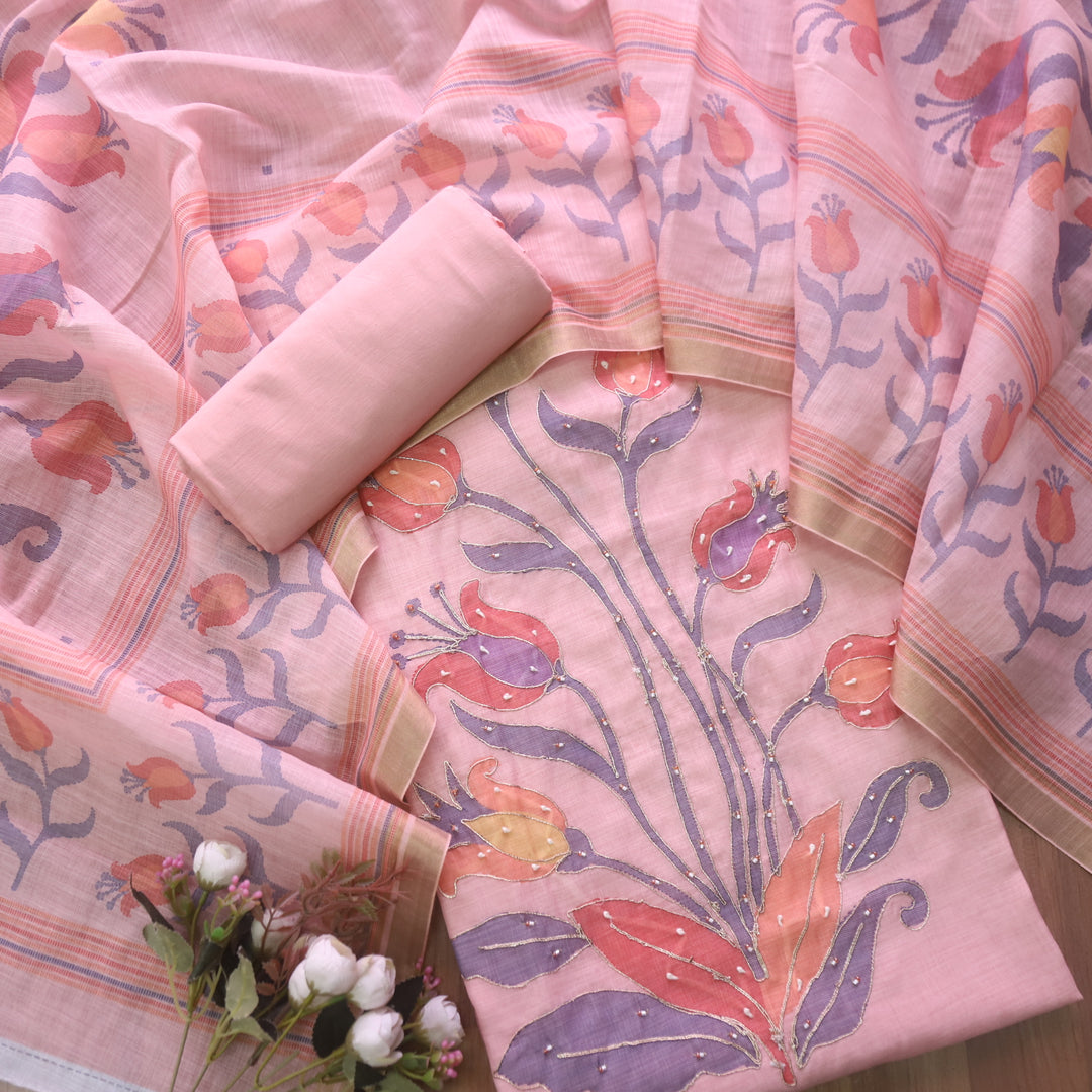 Kaasvi Flamingo Pink Floral Print with French Knot and Zari Work Cotton Linen Set