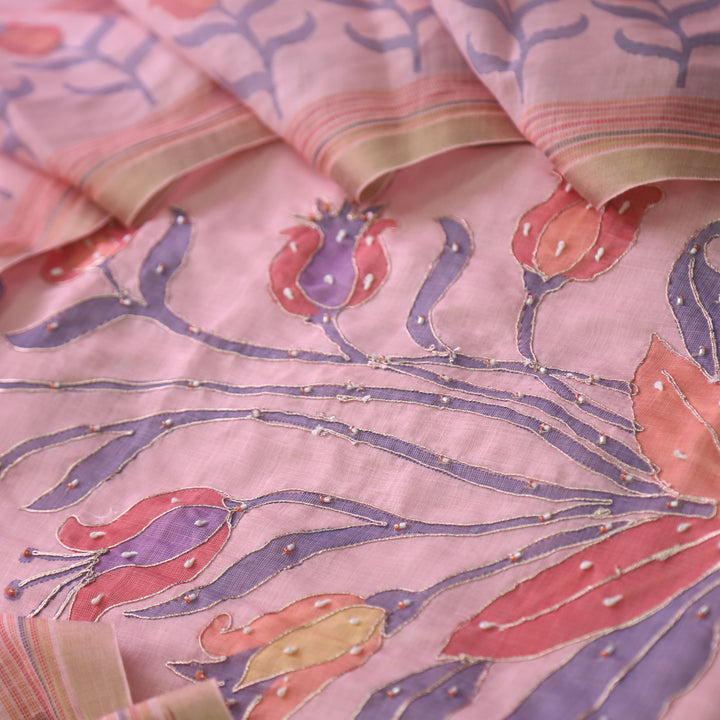 Kaasvi Flamingo Pink Floral Print with French Knot and Zari Work Cotton Linen Set