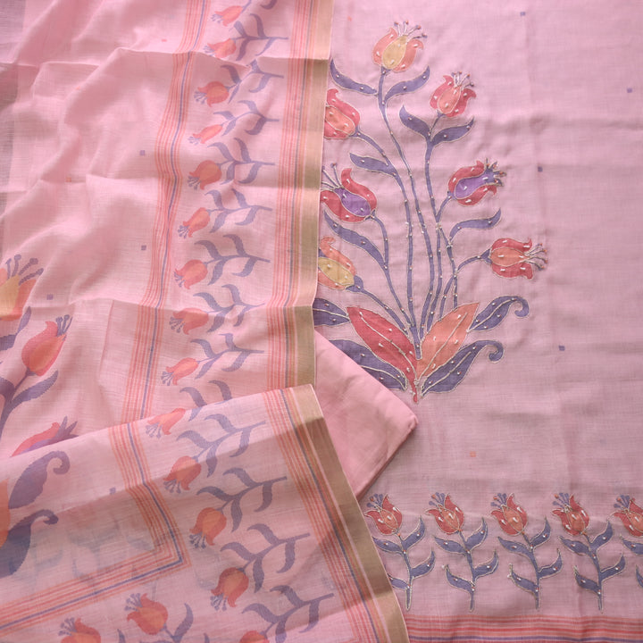 Kaasvi Flamingo Pink Floral Print with French Knot and Zari Work Cotton Linen Set