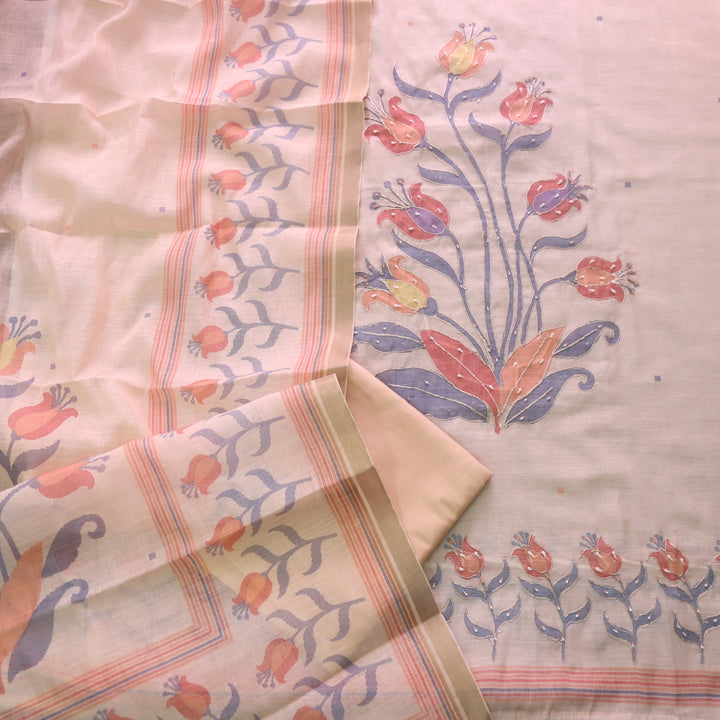 Kaasvi Salmon Peach Floral Print with French Knot and Zari Work Cotton Linen Set