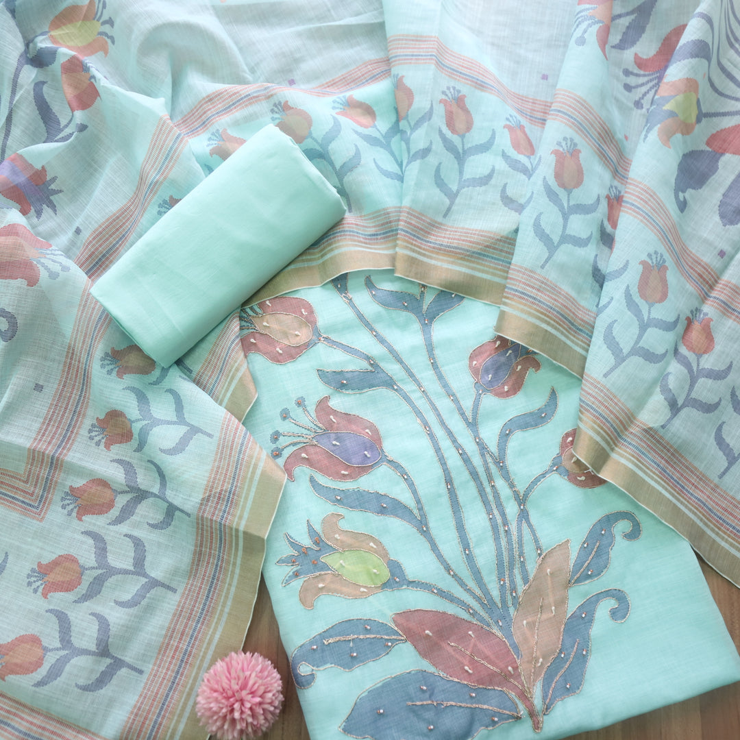 Kaasvi Aqua Blue Floral Print with French Knot and Zari Work Cotton Linen Set