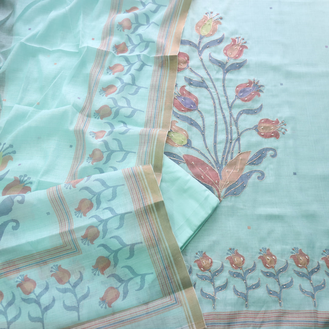 Kaasvi Aqua Blue Floral Print with French Knot and Zari Work Cotton Linen Set