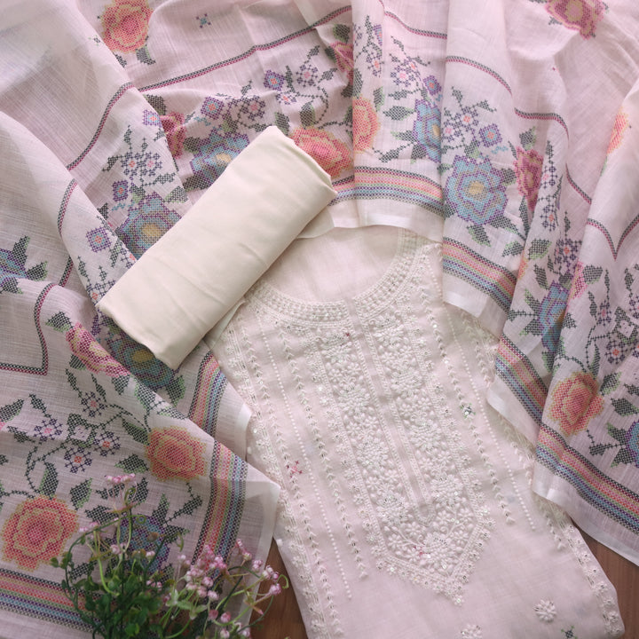 Farista Cream White Thread Embroidered Neck Work Printed Cotton Linen Set