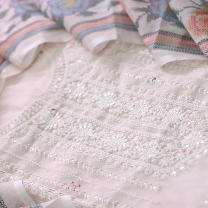 Farista Cream White Thread Embroidered Neck Work Printed Cotton Linen Set