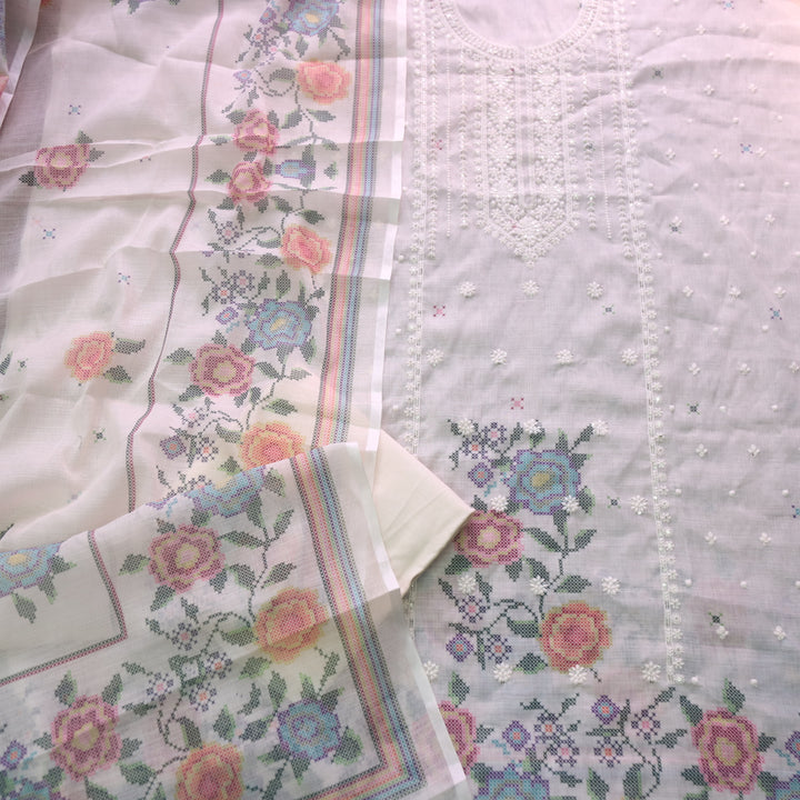 Farista Cream White Thread Embroidered Neck Work Printed Cotton Linen Set