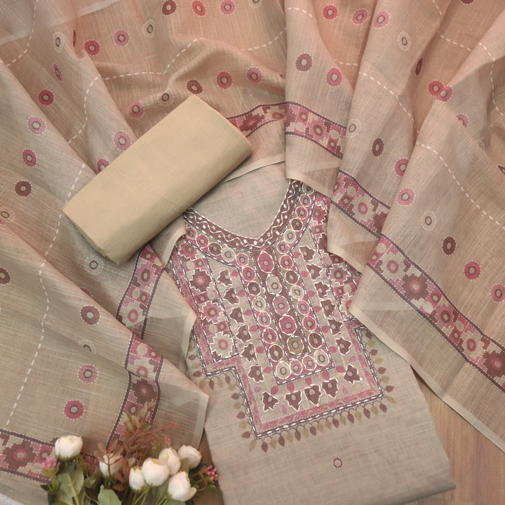 Sufnaa Mocha Beige Digital Printed with kantha Neck Work Cotton Linen Set