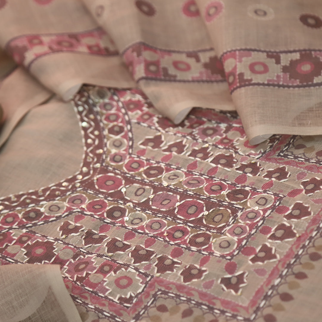 Sufnaa Mocha Beige Digital Printed with kantha Neck Work Cotton Linen Set